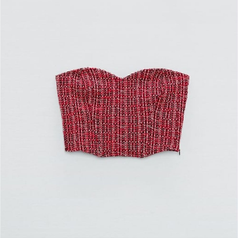 NWT Zara Textured Tweed Corset Strapless Top Size small tweed dark red burgundy - Picture 4 of 10